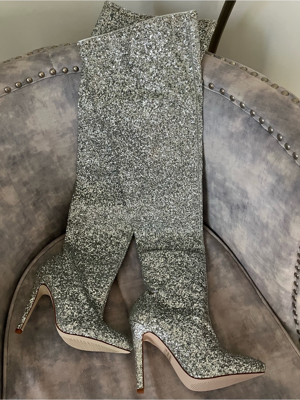 Silver Glitter Over-the-Knee Stiletto Boots
